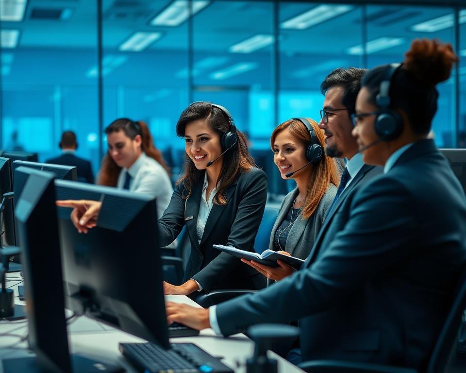A busy customer support center showcasing a professional technical support team assisting clients. In the foreground, a diverse group of three employees in smart business attire is engaged in a discussion over computer screens, with one pointing at the screen and another taking notes. In the middle, office desks cluttered with headsets, keyboards, and digital devices suggest a dynamic work environment. The background features a glass wall with a vibrant blue color scheme, giving the space a modern look. Soft, ambient lighting highlights the interactions, casting gentle shadows and creating an inviting atmosphere. The overall mood is friendly and efficient, reflecting professionalism and dedication to customer service. A busy customer support center showcasing a professional technical support team assisting clients. In the foreground, a diverse group of three employees in smart business attire is engaged in a discussion over computer screens, with one pointing at the screen and another taking notes. In the middle, office desks cluttered with headsets, keyboards, and digital devices suggest a dynamic work environment. The background features a glass wall with a vibrant blue color scheme, giving the space a modern look. Soft, ambient lighting highlights the interactions, casting gentle shadows and creating an inviting atmosphere. The overall mood is friendly and efficient, reflecting professionalism and dedication to customer service.