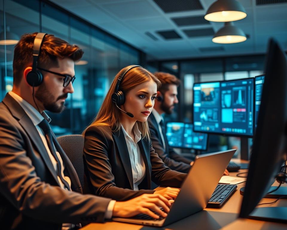 A busy technical support center operating 24/7, featuring a diverse group of three professionals: two men and one woman, dressed in smart business attire, engaging with computer screens and headsets. In the foreground, a woman types on a laptop, focused and attentive. The middle section showcases multiple monitors displaying streaming IPTV interfaces and support tools, with data visualizations illuminated by soft blue light. The background reveals a modern office space with glass walls, dimly lit but lively, suggesting an atmosphere of teamwork and efficiency. Soft overhead lighting casts a warm glow, highlighting the expressions of determination and collaboration among the team. The angle is slightly elevated, capturing the essence of a bustling technical support environment.