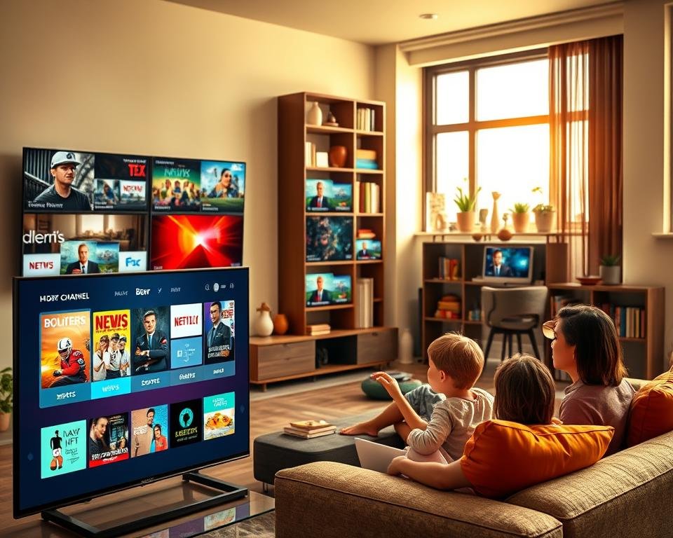A diverse array of television channels displayed on multiple modern screens in a stylish living room. In the foreground, a sleek smart TV with a vibrant interface showcasing various channel options like news, sports, movies, and documentaries. The middle ground features a couple of cozy couches adorned with colorful cushions, where a family is casually enjoying their viewing experience. The background includes a stylish bookshelf filled with books and decorative items, and a large window allowing soft, warm natural light to filter in, creating a welcoming atmosphere. The image should evoke a sense of comfort and variety, emphasizing the rich content available through IPTV services. Use a well-balanced composition with warm tones and inviting lighting to enhance the overall appeal. A diverse array of television channels displayed on multiple modern screens in a stylish living room. In the foreground, a sleek smart TV with a vibrant interface showcasing various channel options like news, sports, movies, and documentaries. The middle ground features a couple of cozy couches adorned with colorful cushions, where a family is casually enjoying their viewing experience. The background includes a stylish bookshelf filled with books and decorative items, and a large window allowing soft, warm natural light to filter in, creating a welcoming atmosphere. The image should evoke a sense of comfort and variety, emphasizing the rich content available through IPTV services. Use a well-balanced composition with warm tones and inviting lighting to enhance the overall appeal.