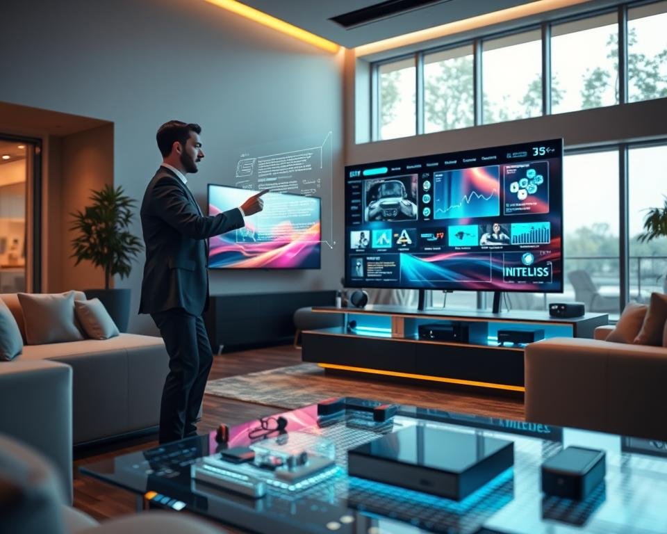 A futuristic living room featuring advanced streaming technology. In the foreground, a sleek, modern smart TV displays vibrant streaming content, surrounded by stylish furniture. A user, dressed in professional business attire, interacts with a holographic interface, showcasing various IPTV functionalities and data analytics. In the middle ground, a high-tech media console with glowing LED lights holds streaming devices and smart gadgets, all appearing connected. The background features large windows allowing soft, natural daylight to illuminate the space, creating a warm and inviting atmosphere. The focus should be on the fusion of technology and comfort, highlighting the seamless integration of advanced IPTV features in everyday life. High-resolution with a slightly blurred depth of field to emphasize the foreground details while keeping the background subtle. A futuristic living room featuring advanced streaming technology. In the foreground, a sleek, modern smart TV displays vibrant streaming content, surrounded by stylish furniture. A user, dressed in professional business attire, interacts with a holographic interface, showcasing various IPTV functionalities and data analytics. In the middle ground, a high-tech media console with glowing LED lights holds streaming devices and smart gadgets, all appearing connected. The background features large windows allowing soft, natural daylight to illuminate the space, creating a warm and inviting atmosphere. The focus should be on the fusion of technology and comfort, highlighting the seamless integration of advanced IPTV features in everyday life. High-resolution with a slightly blurred depth of field to emphasize the foreground details while keeping the background subtle.