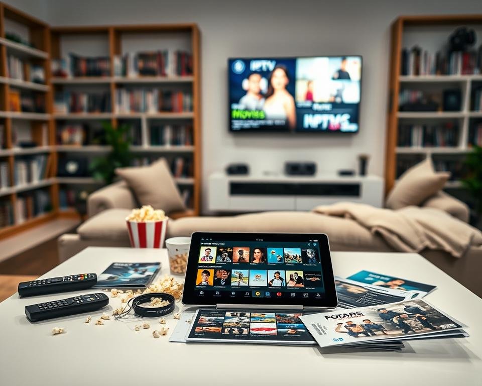 A highly organized and visually appealing IPTV content catalog spread out on a sleek modern table. In the foreground, feature a high-resolution tablet displaying colorful thumbnails of various IPTV channels and shows, with some titles like "Movies," "Sports," and "Documentaries" clearly visible. The middle ground includes scattered remote controls, popcorn, and a cozy sofa to evoke a home entertainment atmosphere. In the background, softly lit shelves packed with DVDs and a wall-mounted TV displaying an IPTV interface, creating a warm, inviting living room setting. Use soft, diffused lighting to enhance the relaxing mood, emphasizing the abundance of entertainment available at one’s fingertips. The angle should be slightly elevated to capture all elements harmoniously without any text or logos.