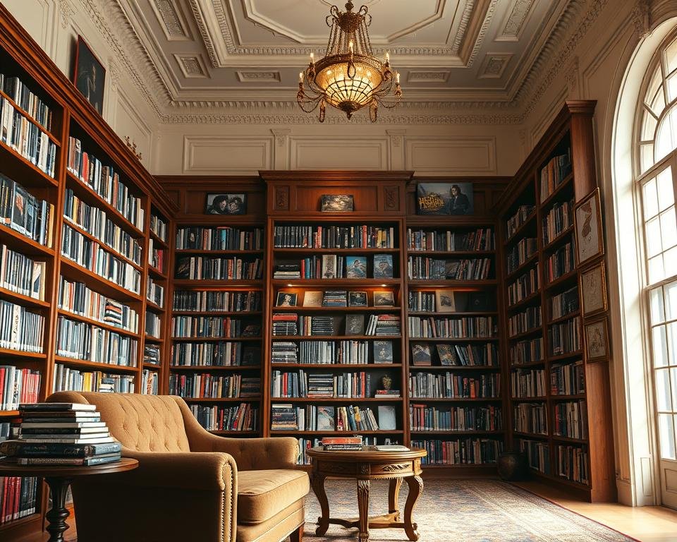 A luxurious, exclusive library filled with rows of neatly organized shelves housing a vast collection of movies and series on DVD and Blu-ray. The foreground shows a plush, velvet armchair beside a wooden side table stacked with popular film titles. In the middle, a large, ornate wooden bookshelf stretches towards the ceiling, illuminated by soft, warm lighting, giving a cozy ambiance. The background features a classic wall with detailed moldings and a large window, through which natural light filters, casting gentle shadows. An elegant chandelier hangs above, creating an inviting atmosphere, while subtle decor like framed posters of iconic films adorns the walls. The overall mood is one of sophistication and comfort, perfect for cinephiles.