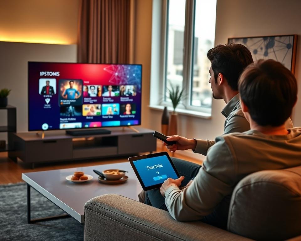 A modern living room featuring a stylish flat-screen television displaying a vibrant IPTV interface with streaming options. In the foreground, a professional-looking young adult in smart casual attire is seated on a comfortable sofa, holding a remote control, appearing engaged with the screen. The middle ground showcases a sleek coffee table decorated with a few snacks and a tablet displaying a "Free Trial" icon. The background features warm lighting, with large windows allowing soft daylight to filter in, creating an inviting atmosphere. An art piece on the wall symbolizes connectivity, reflecting the themes of internet and television access. The overall mood is relaxed and inviting, emphasizing the ease of accessing IPTV trials in Spain. A modern living room featuring a stylish flat-screen television displaying a vibrant IPTV interface with streaming options. In the foreground, a professional-looking young adult in smart casual attire is seated on a comfortable sofa, holding a remote control, appearing engaged with the screen. The middle ground showcases a sleek coffee table decorated with a few snacks and a tablet displaying a "Free Trial" icon. The background features warm lighting, with large windows allowing soft daylight to filter in, creating an inviting atmosphere. An art piece on the wall symbolizes connectivity, reflecting the themes of internet and television access. The overall mood is relaxed and inviting, emphasizing the ease of accessing IPTV trials in Spain.