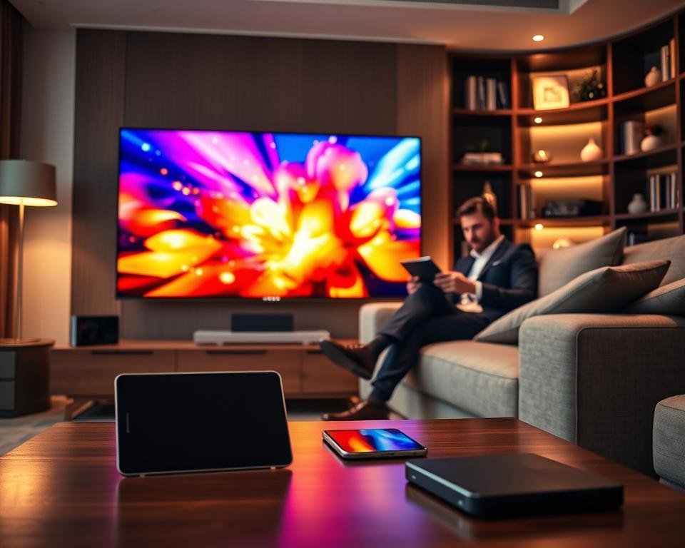 A modern living room scene featuring multiple devices streaming IPTV, including a large flat-screen television, a tablet, and a smartphone placed on a stylish coffee table. In the foreground, the TV displays vibrant, colorful IPTV content, creating a lively atmosphere. The middle ground includes a person in professional business attire, comfortably seated on a plush sofa, engrossed in the tablet. Soft, warm lighting illuminates the room, highlighting the sleek furnishings and a cozy ambiance. The background showcases a well-decorated shelf filled with books and decor items, enhancing the homely feel. The overall mood is dynamic and engaging, conveying the convenience of accessing IPTV on multiple devices in a stylish home environment. A modern living room scene featuring multiple devices streaming IPTV, including a large flat-screen television, a tablet, and a smartphone placed on a stylish coffee table. In the foreground, the TV displays vibrant, colorful IPTV content, creating a lively atmosphere. The middle ground includes a person in professional business attire, comfortably seated on a plush sofa, engrossed in the tablet. Soft, warm lighting illuminates the room, highlighting the sleek furnishings and a cozy ambiance. The background showcases a well-decorated shelf filled with books and decor items, enhancing the homely feel. The overall mood is dynamic and engaging, conveying the convenience of accessing IPTV on multiple devices in a stylish home environment.