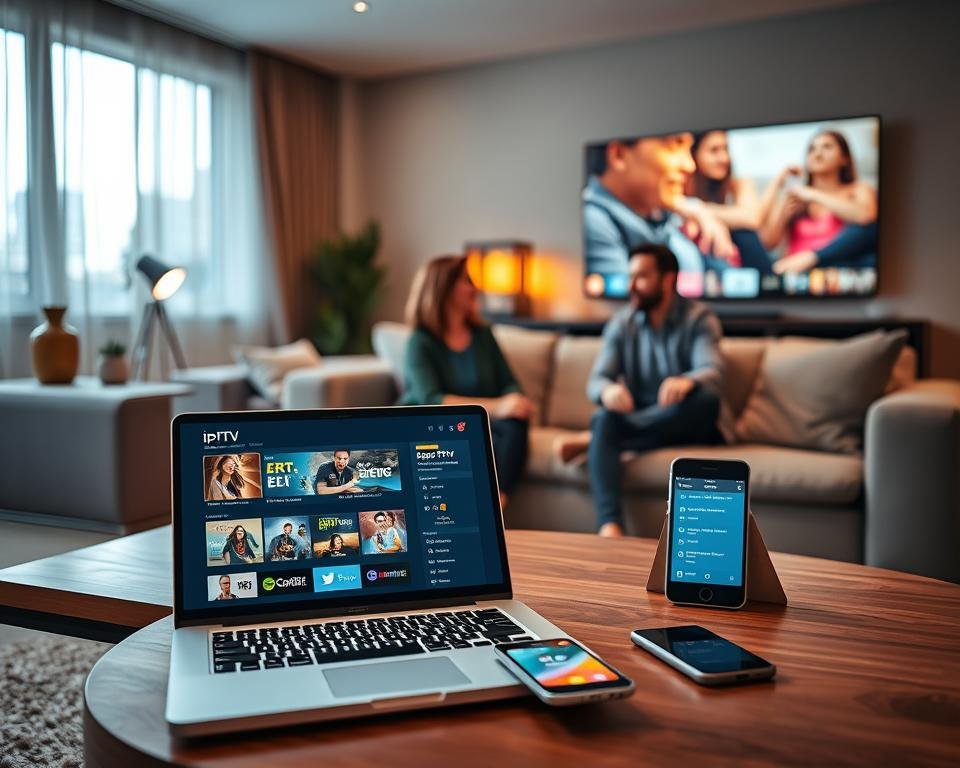 A modern living room scene showcasing various IPTV subscription plans. In the foreground, a stylish coffee table with an open laptop displaying an IPTV interface, featuring colorful channel icons and subscription options. Next to it, a sleek tablet and a smartphone also showing the IPTV platform. In the middle ground, a comfortable sofa with a couple of professional adults casually discussing the features on the screen, both dressed in smart casual attire. The background features a cozy, well-lit room with a large television displaying vibrant streaming content, illuminated by warm, ambient lighting. The atmosphere is inviting and informative, reflecting a sense of modern technology and convenience in home entertainment.