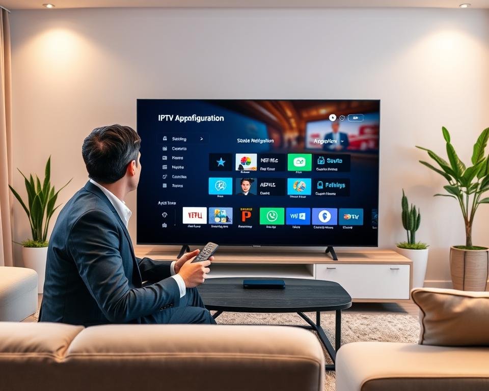 A modern living room setting featuring a sleek flat-screen television displaying a menu for IPTV app configuration. In the foreground, a professional-looking individual in smart casual attire is seated at a stylish coffee table, attentively using a remote control. The middle of the image displays the open app on the TV screen, showcasing vibrant colors and user-friendly icons labeled with IPTV settings. The background features a cozy ambiance with soft lighting, potted plants, and contemporary furniture. The overall mood is focused and tech-savvy, illustrating the process of configuring applications for IPTV in a comfortable home environment. The angle captures both the individual and the TV, emphasizing the user experience. A modern living room setting featuring a sleek flat-screen television displaying a menu for IPTV app configuration. In the foreground, a professional-looking individual in smart casual attire is seated at a stylish coffee table, attentively using a remote control. The middle of the image displays the open app on the TV screen, showcasing vibrant colors and user-friendly icons labeled with IPTV settings. The background features a cozy ambiance with soft lighting, potted plants, and contemporary furniture. The overall mood is focused and tech-savvy, illustrating the process of configuring applications for IPTV in a comfortable home environment. The angle captures both the individual and the TV, emphasizing the user experience.
