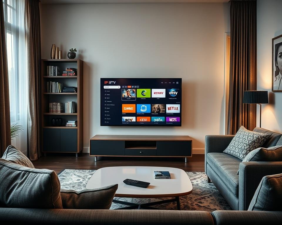 A modern living room setting showcasing online television streaming features. In the foreground, a cozy sofa with cushions, a sleek coffee table with a remote, and a stylish TV displaying vibrant streaming content. In the middle, a digital interface of an IPTV service with colorful icons representing different channels and genres. The background features a well-decorated shelf with books and decorative items, and a window with natural light streaming in, creating a warm and inviting atmosphere. The scene is illuminated with soft lighting, emphasizing the technology and comfort of watching TV online. Capture a sense of relaxation and enjoyment in a contemporary home environment. A modern living room setting showcasing online television streaming features. In the foreground, a cozy sofa with cushions, a sleek coffee table with a remote, and a stylish TV displaying vibrant streaming content. In the middle, a digital interface of an IPTV service with colorful icons representing different channels and genres. The background features a well-decorated shelf with books and decorative items, and a window with natural light streaming in, creating a warm and inviting atmosphere. The scene is illuminated with soft lighting, emphasizing the technology and comfort of watching TV online. Capture a sense of relaxation and enjoyment in a contemporary home environment.