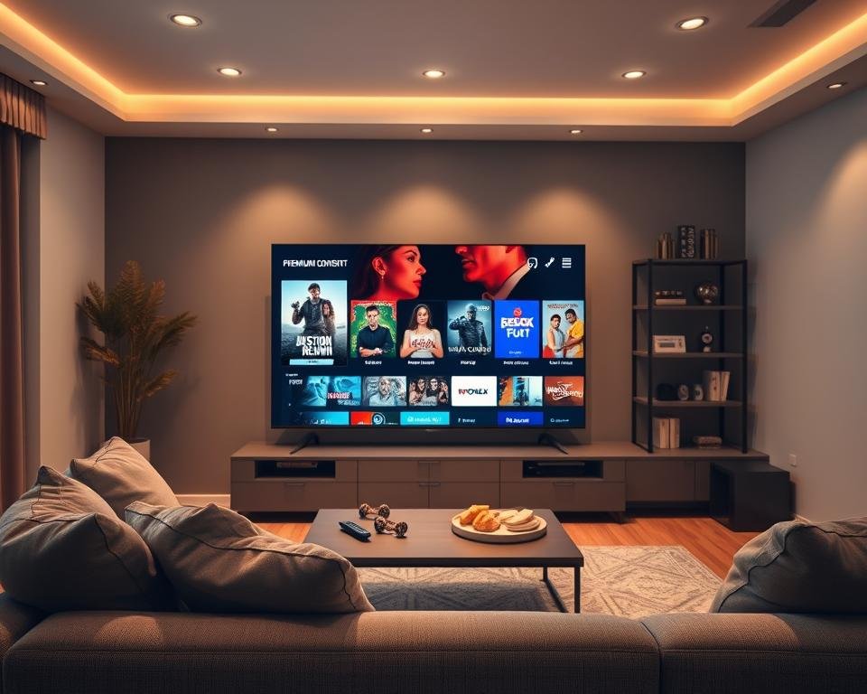 A modern living room setting with a stylish, large flat-screen TV showcasing an image of various premium content options, such as movies and series. In the foreground, a comfortable sofa with plush cushions sits invitingly, and a sleek coffee table holds a remote and some snacks. In the middle ground, subtle lighting creates a warm, cozy atmosphere, illuminated by soft overhead lights and the gentle glow from the TV screen. The background features a tasteful shelf with books and decorative items, enhancing the room's sophistication. The mood conveys relaxation and entertainment, with an emphasis on the premium content available through Internet television channels. The scene is clean and free from any text or branding elements. A modern living room setting with a stylish, large flat-screen TV showcasing an image of various premium content options, such as movies and series. In the foreground, a comfortable sofa with plush cushions sits invitingly, and a sleek coffee table holds a remote and some snacks. In the middle ground, subtle lighting creates a warm, cozy atmosphere, illuminated by soft overhead lights and the gentle glow from the TV screen. The background features a tasteful shelf with books and decorative items, enhancing the room's sophistication. The mood conveys relaxation and entertainment, with an emphasis on the premium content available through Internet television channels. The scene is clean and free from any text or branding elements.