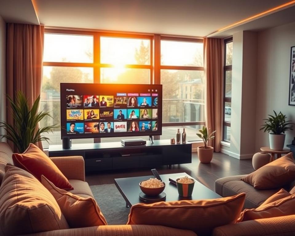 A modern living room setup designed for IPTV viewing, featuring a sleek flat-screen TV displaying colorful images of various IPTV channels. In the foreground, a cozy couch adorned with cushions invites relaxation, while a coffee table holds a remote and a small bowl of popcorn, symbolizing a movie night. The middle ground includes a stylish entertainment center with a media player and decorative plants. In the background, large windows allow warm, golden sunlight to filter in, enhancing the inviting atmosphere. The overall mood is friendly and engaging, illustrating the concept of a free IPTV trial in a comfortable home environment, with no text or logos included.