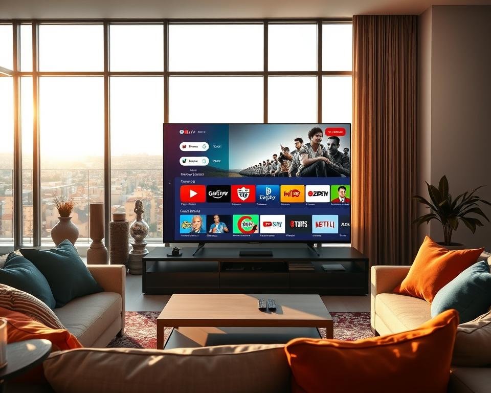A modern living room setup featuring a sleek flat-screen TV displaying various streaming options, emphasizing high-quality IPTV services in Spain. The foreground includes a comfortable sofa with vibrant cushions, a stylish coffee table with remote controls, and soft lighting creating a cozy ambiance. In the middle ground, the TV screen highlights an array of colorful channel options, showcasing the diversity of entertainment available. The background features large windows allowing natural light to flood in, revealing a scenic view of a sunny Spanish landscape. The mood is inviting and relaxed, perfect for enjoying quality streaming experiences. Shot with a wide-angle lens to capture the spaciousness of the room, with warm lighting that enhances the comfort and appeal of the setting. A modern living room setup featuring a sleek flat-screen TV displaying various streaming options, emphasizing high-quality IPTV services in Spain. The foreground includes a comfortable sofa with vibrant cushions, a stylish coffee table with remote controls, and soft lighting creating a cozy ambiance. In the middle ground, the TV screen highlights an array of colorful channel options, showcasing the diversity of entertainment available. The background features large windows allowing natural light to flood in, revealing a scenic view of a sunny Spanish landscape. The mood is inviting and relaxed, perfect for enjoying quality streaming experiences. Shot with a wide-angle lens to capture the spaciousness of the room, with warm lighting that enhances the comfort and appeal of the setting.