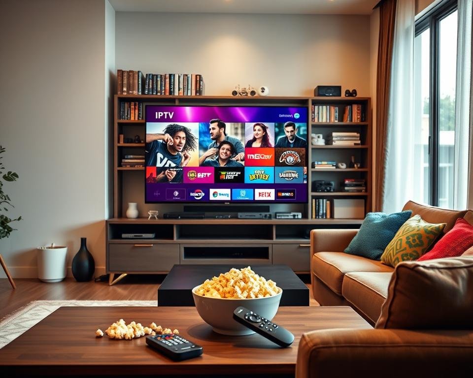 A modern living room setup featuring a sleek flat-screen TV displaying vibrant IPTV applications on the screen. In the foreground, a stylish coffee table holds a remote control and a bowl of popcorn. In the middle, a comfortable sofa adorned with colorful cushions invites viewers to sit and watch. The background features a well-decorated shelf lined with DVDs and technology gadgets, under soft, warm lighting to create an inviting atmosphere. A large window allows natural daylight to illuminate the room, suggesting a cozy viewing experience. The overall mood is relaxed and engaging, highlighting the joy of watching online TV through various applications. A modern living room setup featuring a sleek flat-screen TV displaying vibrant IPTV applications on the screen. In the foreground, a stylish coffee table holds a remote control and a bowl of popcorn. In the middle, a comfortable sofa adorned with colorful cushions invites viewers to sit and watch. The background features a well-decorated shelf lined with DVDs and technology gadgets, under soft, warm lighting to create an inviting atmosphere. A large window allows natural daylight to illuminate the room, suggesting a cozy viewing experience. The overall mood is relaxed and engaging, highlighting the joy of watching online TV through various applications.