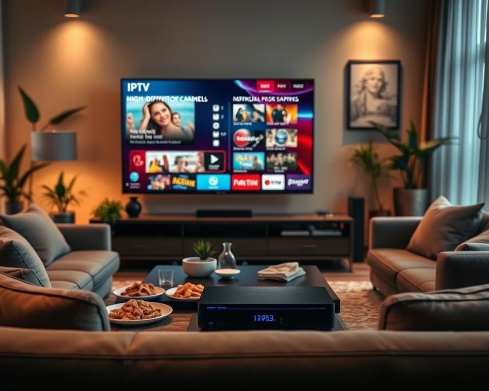 A modern living room setup, showcasing a large flat-screen TV displaying a vibrant IPTV interface with high-definition video streaming. In the foreground, a comfortable sofa with a sleek design and a coffee table adorned with snacks and drinks, creating a cozy atmosphere. The middle ground features a streaming device connected to the TV, displaying a list of channels with a focus on quality visuals, such as crisp images and smooth playback. In the background, warm ambient lighting accents the decor, with plants and artwork adding a touch of elegance. This scene should evoke a sense of enjoyment and relaxation, highlighting the quality of transmission and viewer experience in a stylish and inviting setting, captured with a soft focus and natural light to enhance the mood. A modern living room setup, showcasing a large flat-screen TV displaying a vibrant IPTV interface with high-definition video streaming. In the foreground, a comfortable sofa with a sleek design and a coffee table adorned with snacks and drinks, creating a cozy atmosphere. The middle ground features a streaming device connected to the TV, displaying a list of channels with a focus on quality visuals, such as crisp images and smooth playback. In the background, warm ambient lighting accents the decor, with plants and artwork adding a touch of elegance. This scene should evoke a sense of enjoyment and relaxation, highlighting the quality of transmission and viewer experience in a stylish and inviting setting, captured with a soft focus and natural light to enhance the mood.