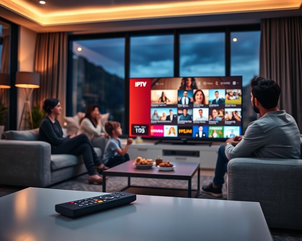 A modern living room setup showcasing an IPTV service on a large flat-screen TV. In the foreground, there is a sleek, minimalist coffee table with a remote control and snacks. The middle features a family comfortably gathered around the TV, enjoying various vibrant channels displaying diverse content. The adults are dressed in smart casual attire, while children are engaged and excited. In the background, soft ambient lighting casts a warm glow, and a window reveals a tranquil evening scene outside, enhancing a cozy atmosphere. The composition should have a slight depth of field, focusing on the family and TV, while the surroundings blur gently. Create a positive, inviting mood, emphasizing connectivity and entertainment benefits of IPTV. A modern living room setup showcasing an IPTV service on a large flat-screen TV. In the foreground, there is a sleek, minimalist coffee table with a remote control and snacks. The middle features a family comfortably gathered around the TV, enjoying various vibrant channels displaying diverse content. The adults are dressed in smart casual attire, while children are engaged and excited. In the background, soft ambient lighting casts a warm glow, and a window reveals a tranquil evening scene outside, enhancing a cozy atmosphere. The composition should have a slight depth of field, focusing on the family and TV, while the surroundings blur gently. Create a positive, inviting mood, emphasizing connectivity and entertainment benefits of IPTV.
