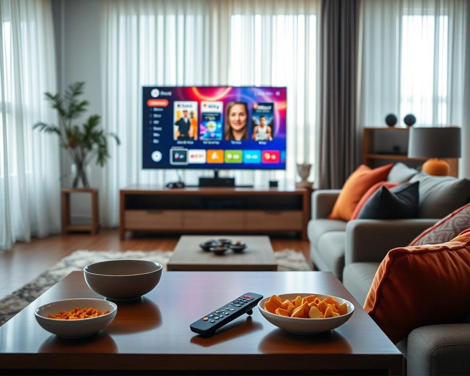 A modern living room showcasing a sleek flat-screen TV displaying a vibrant IPTV service interface. In the foreground, a stylish coffee table with a remote control and snack bowls. The middle ground features a cozy sofa with colorful cushions, inviting viewers to sit and enjoy. The background is brightened by natural daylight filtering through sheer curtains, creating a warm and inviting atmosphere. The room is decorated with subtle tech elements, like a streaming device near the TV. Utilize soft lighting to enhance the comfort of the space and emphasize the cutting-edge technology. Capture this scene from a slightly elevated angle, providing a comprehensive view of the living area, immersing the viewer in the IPTV experience.