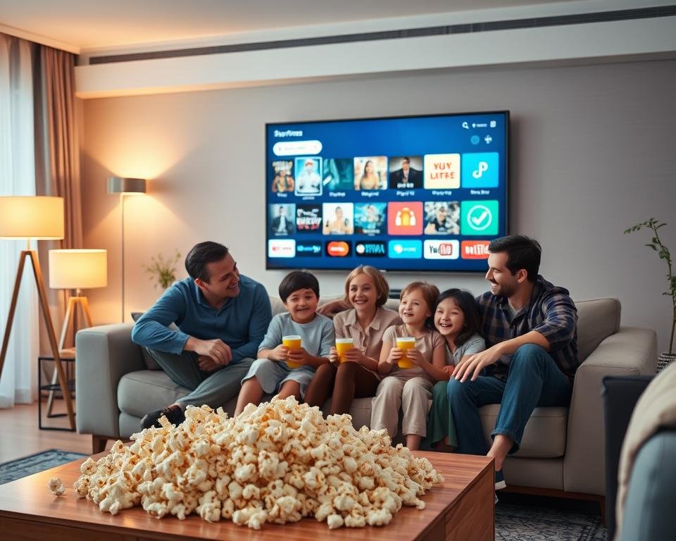 A modern living room showcasing the benefits of IPTV services, featuring a large, sleek flat-screen TV displaying colorful streaming options. In the foreground, a family of four (two adults and two children) is gathered on a comfortable sofa, all dressed in casual yet neat clothing, enjoying a movie night together. The middle ground highlights a stylish coffee table cluttered with popcorn and drinks, adding a cozy vibe. The background features warm lighting emanating from floor lamps, with stylish decor that conveys comfort and modernity. The atmosphere is joyful and engaging, filled with laughter and connection, emphasizing the family-friendly nature of IPTV services. Use a soft focus effect on the background for depth.