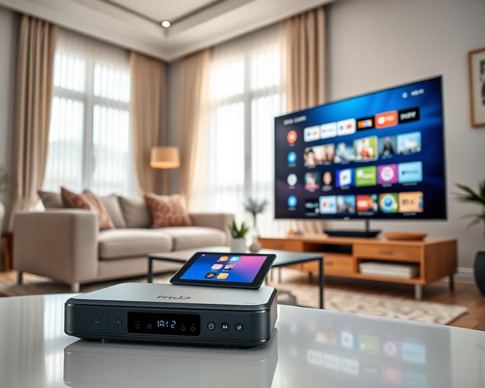 A modern living room showcasing various IPTV compatible devices. In the foreground, a sleek smart TV displaying a vibrant streaming interface, accompanied by a compact media player and a tablet on a stylish coffee table. The middle ground features a comfortable sofa adorned with decorative cushions, inviting a cozy viewing experience. In the background, a light-filled space with large windows draped in soft curtains, creating a warm and welcoming atmosphere. The lighting is bright and cheerful, highlighting the details of the devices. A wide-angle perspective captures the entire scene, emphasizing the integration of technology into everyday life. The overall mood is relaxed and modern, inviting viewers to imagine a seamless entertainment experience. A modern living room showcasing various IPTV compatible devices. In the foreground, a sleek smart TV displaying a vibrant streaming interface, accompanied by a compact media player and a tablet on a stylish coffee table. The middle ground features a comfortable sofa adorned with decorative cushions, inviting a cozy viewing experience. In the background, a light-filled space with large windows draped in soft curtains, creating a warm and welcoming atmosphere. The lighting is bright and cheerful, highlighting the details of the devices. A wide-angle perspective captures the entire scene, emphasizing the integration of technology into everyday life. The overall mood is relaxed and modern, inviting viewers to imagine a seamless entertainment experience.