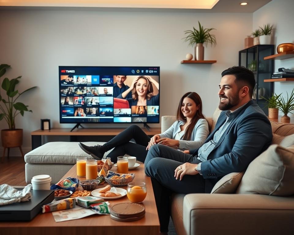 A modern living room with a sleek, flat-screen TV displaying vibrant streaming content on the screen. In the foreground, a diverse group of three professionals—two men and one woman—are relaxed on a stylish couch, dressed in smart casual clothing, smiling as they engage with the TV remote. The middle ground features a coffee table cluttered with snacks and drinks, emphasizing a comfortable viewing experience. In the background, soft ambient lighting creates a warm atmosphere, with potted plants and decorative shelves adding a touch of cozy elegance. The scene conveys enjoyment and the advantages of online TV services, with a focus on connectivity and shared experiences. Natural light filters through a window, enhancing the inviting mood. A modern living room with a sleek, flat-screen TV displaying vibrant streaming content on the screen. In the foreground, a diverse group of three professionals—two men and one woman—are relaxed on a stylish couch, dressed in smart casual clothing, smiling as they engage with the TV remote. The middle ground features a coffee table cluttered with snacks and drinks, emphasizing a comfortable viewing experience. In the background, soft ambient lighting creates a warm atmosphere, with potted plants and decorative shelves adding a touch of cozy elegance. The scene conveys enjoyment and the advantages of online TV services, with a focus on connectivity and shared experiences. Natural light filters through a window, enhancing the inviting mood.
