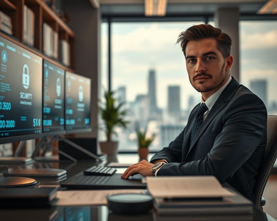 A modern office environment emphasizing security and privacy, featuring a professional individual in business attire, confidently seated at a desk with multiple high-tech screens displaying encrypted data and security graphics. In the foreground, focus on the individual's focused expression, illuminated by soft, ambient lighting from nearby desk lamps. In the middle ground, blurred outlines of shelves filled with legal documents and tech gadgets create depth, while a potted plant adds a touch of warmth. The background showcases a large window with a cityscape, hinting at a secure and advanced urban setting. The overall mood is one of trust, professionalism, and technological empowerment, encapsulating the essence of guaranteed security and privacy. A modern office environment emphasizing security and privacy, featuring a professional individual in business attire, confidently seated at a desk with multiple high-tech screens displaying encrypted data and security graphics. In the foreground, focus on the individual's focused expression, illuminated by soft, ambient lighting from nearby desk lamps. In the middle ground, blurred outlines of shelves filled with legal documents and tech gadgets create depth, while a potted plant adds a touch of warmth. The background showcases a large window with a cityscape, hinting at a secure and advanced urban setting. The overall mood is one of trust, professionalism, and technological empowerment, encapsulating the essence of guaranteed security and privacy.