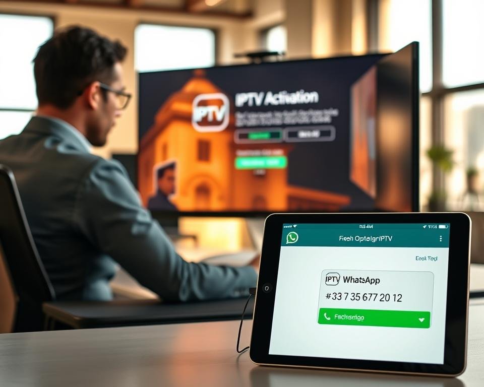 A modern workspace featuring a sleek high-tech computer setup displaying the IPTV activation process on the screen. In the foreground, a professional in business casual attire is sitting at a desk, intently reviewing the IPTV interface on the monitor. The middle ground includes a tablet showing the WhatsApp messaging app with the number +33 7 53 67 20 12 visible, symbolizing the subscription process. The background is a bright, airy office environment with warm daylight filtering through large windows, casting soft shadows. The overall mood is focused and dynamic, capturing the excitement of obtaining a free IPTV trial. Use a warm color palette and create a slightly blurred effect in the background to emphasize the main subjects in focus. A modern workspace featuring a sleek high-tech computer setup displaying the IPTV activation process on the screen. In the foreground, a professional in business casual attire is sitting at a desk, intently reviewing the IPTV interface on the monitor. The middle ground includes a tablet showing the WhatsApp messaging app with the number +33 7 53 67 20 12 visible, symbolizing the subscription process. The background is a bright, airy office environment with warm daylight filtering through large windows, casting soft shadows. The overall mood is focused and dynamic, capturing the excitement of obtaining a free IPTV trial. Use a warm color palette and create a slightly blurred effect in the background to emphasize the main subjects in focus.