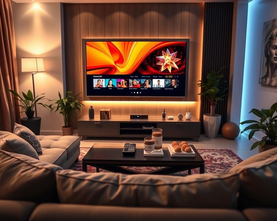 A premium viewing experience showcasing a modern living room with a large, sleek flat-screen television displaying vibrant IPTV content. In the foreground, a stylish, inviting sofa adorned with plush cushions invites relaxation. The middle ground features an elegantly designed coffee table with remote controls and snacks, emphasizing comfort and enjoyment. The background includes soft ambient lighting that creates a warm atmosphere, with tasteful decorations and lush indoor plants framing the scene. The angle captures the room from a slightly elevated perspective, highlighting the immersive nature of the viewing experience. The overall mood is cozy and sophisticated, evoking a sense of luxury and relaxation, perfect for enjoying high-quality streaming content.