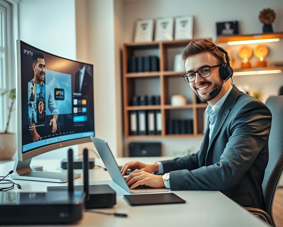 A professional customer support scene focused on IPTV technical assistance. In the foreground, a friendly support agent in business attire is sitting at a modern desk, using a headset and typing on a laptop, showing a look of concentration and engagement. The middle layer features a sleek monitor displaying IPTV interface graphics, along with various technical gadgets like routers and streaming devices scattered around. In the background, a well-lit room with a clean, organized atmosphere, showcasing shelves with technical manuals and awards for service excellence. Soft lighting casts a warm glow, creating a welcoming and professional mood, perfect for illustrating a customer service experience in the tech industry. The angle is slightly upward to emphasize the support agent's proactive stance. A professional customer support scene focused on IPTV technical assistance. In the foreground, a friendly support agent in business attire is sitting at a modern desk, using a headset and typing on a laptop, showing a look of concentration and engagement. The middle layer features a sleek monitor displaying IPTV interface graphics, along with various technical gadgets like routers and streaming devices scattered around. In the background, a well-lit room with a clean, organized atmosphere, showcasing shelves with technical manuals and awards for service excellence. Soft lighting casts a warm glow, creating a welcoming and professional mood, perfect for illustrating a customer service experience in the tech industry. The angle is slightly upward to emphasize the support agent's proactive stance.