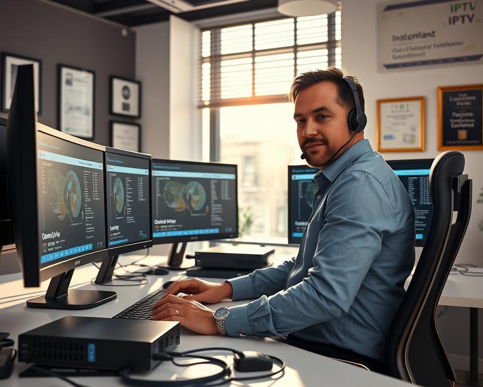 A professional support technician in a modern office setting, sitting at a sleek desk with multiple computer monitors displaying IPTV service management interfaces. The technician, a middle-aged Hispanic man in smart casual attire, is intently troubleshooting issues, surrounded by technical equipment like routers and cables. Bright, natural light streams through a large window in the background, creating a warm and inviting atmosphere. The walls are adorned with certificates and motivational posters related to customer service excellence. Focus is on the technician’s concentration and expertise, captured from a slightly elevated angle for a dynamic perspective, emphasizing a sense of professionalism and reliability in technical support.