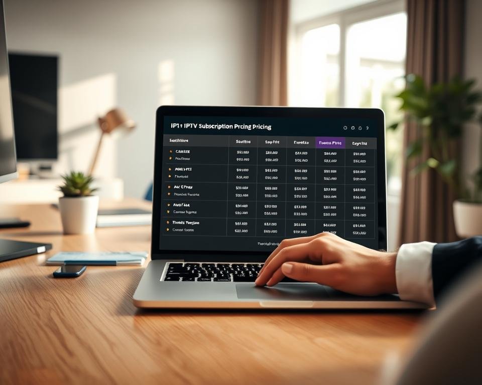 A professional, well-organized workspace featuring a sleek, modern desk with a laptop displaying a vibrant IPTV subscription pricing interface. In the foreground, a pair of hands typing on the keyboard, dressed in business casual attire. The middle ground includes a clear, stylish chart displaying various IPTV subscription plans with pricing information, rendered in an engaging and easy-to-read format. The background features a softly blurred window with natural sunlight streaming in, creating a bright and welcoming atmosphere. The scene conveys a sense of clarity, professionalism, and modernity, ideal for illustrating the concept of IPTV subscription plans. The lighting is bright and warm, adding an inviting touch to the overall image composition. A professional, well-organized workspace featuring a sleek, modern desk with a laptop displaying a vibrant IPTV subscription pricing interface. In the foreground, a pair of hands typing on the keyboard, dressed in business casual attire. The middle ground includes a clear, stylish chart displaying various IPTV subscription plans with pricing information, rendered in an engaging and easy-to-read format. The background features a softly blurred window with natural sunlight streaming in, creating a bright and welcoming atmosphere. The scene conveys a sense of clarity, professionalism, and modernity, ideal for illustrating the concept of IPTV subscription plans. The lighting is bright and warm, adding an inviting touch to the overall image composition.