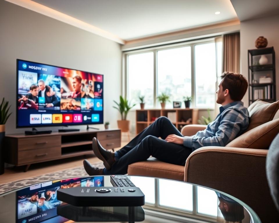 A sleek and modern living room scene showcasing an IPTV service in action. In the foreground, a large smart TV displays vibrant streaming content, with a stylish remote control resting on a glass coffee table. A person in business casual clothing is sitting on a plush sofa, intently watching the screen, showcasing engagement with the IPTV experience. The middle ground features a cozy, well-decorated space with potted plants and bookshelves, creating a warm atmosphere. The background shows a bright window with natural sunlight pouring in, enhancing the inviting feel. Use soft, diffused lighting to create a relaxed mood, and focus on a slightly elevated angle to capture the dynamic interaction with the technology. The image should evoke a sense of enjoyment and modernity in digital streaming. A sleek and modern living room scene showcasing an IPTV service in action. In the foreground, a large smart TV displays vibrant streaming content, with a stylish remote control resting on a glass coffee table. A person in business casual clothing is sitting on a plush sofa, intently watching the screen, showcasing engagement with the IPTV experience. The middle ground features a cozy, well-decorated space with potted plants and bookshelves, creating a warm atmosphere. The background shows a bright window with natural sunlight pouring in, enhancing the inviting feel. Use soft, diffused lighting to create a relaxed mood, and focus on a slightly elevated angle to capture the dynamic interaction with the technology. The image should evoke a sense of enjoyment and modernity in digital streaming.