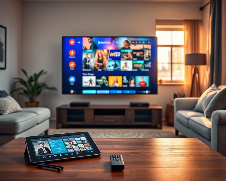 A sleek, modern living room setting featuring a variety of IPTV applications and media players displayed on a large flat-screen TV. In the foreground, a stylish coffee table houses a tablet showing an IPTV app interface, while a remote control is nearby. The middle ground showcases the TV, displaying vibrant IPTV channel options with thumbnails of popular shows and movies. Soft, ambient lighting enhances the cozy atmosphere, with warm sunlight streaming through a nearby window, casting gentle shadows. The background includes contemporary furniture and decorative elements that reflect a tech-savvy lifestyle. The overall mood is inviting and high-tech, emphasizing innovation in home entertainment.