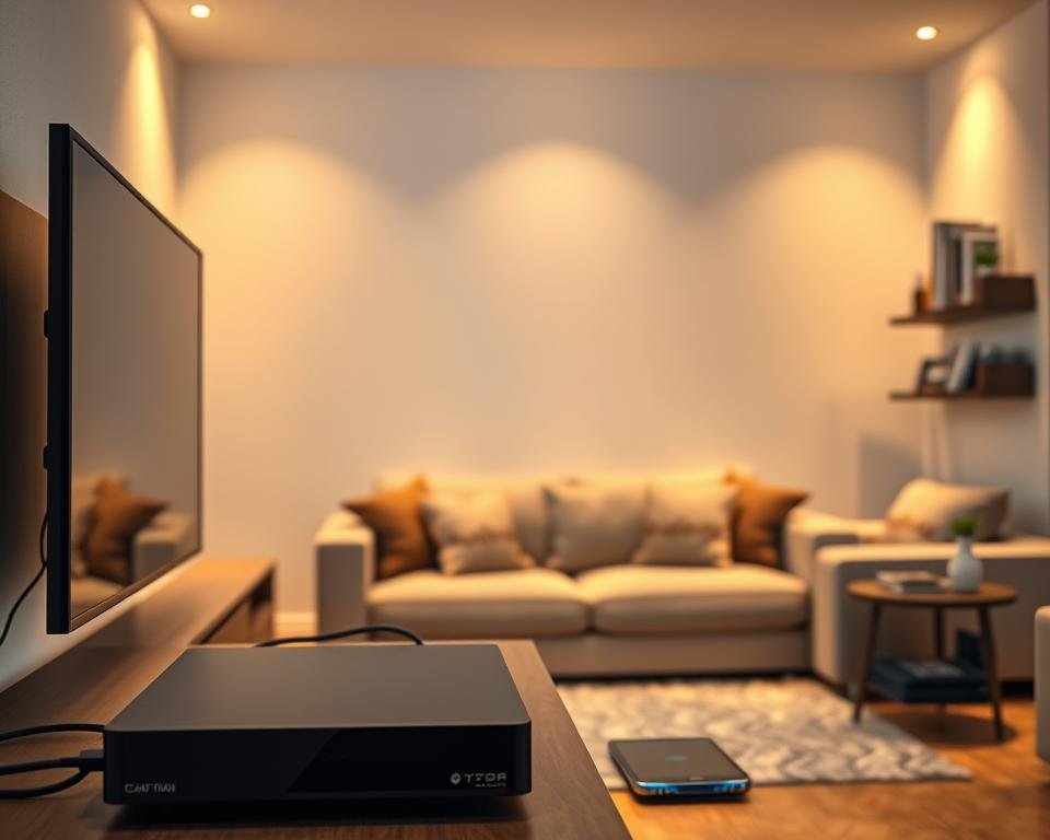 A sleek, modern living room setting illuminated by soft, warm lighting. In the foreground, a stylish flat-screen TV is connected to various IPTV-compatible devices, including a set-top box, a streaming device, and a gaming console, all artistically arranged on a contemporary media console. In the middle ground, a comfortable sofa with decorative cushions invites viewers to relax. To the side, a small table holds a tablet and a smartphone, showcasing the versatility of IPTV access. The background features a decorative shelf with books and small plants, enhancing the cozy atmosphere. The overall feel is tech-savvy and inviting, emphasizing a seamless IPTV experience in a contemporary home environment.