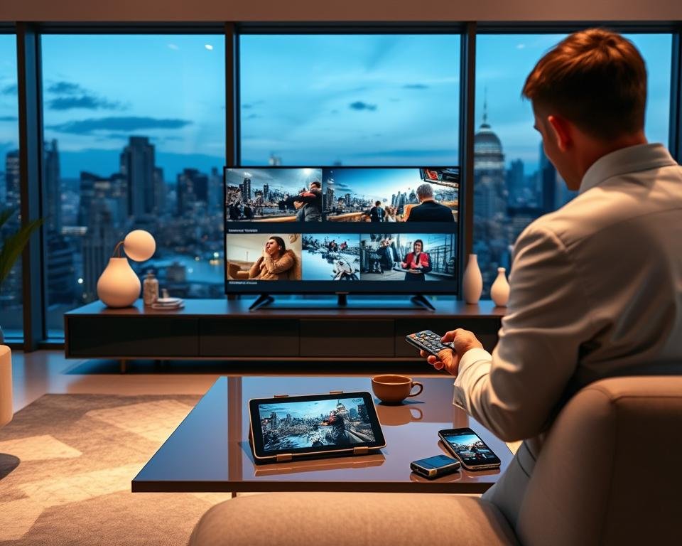 A sleek, modern living room setup, showcasing a large flat-screen television streaming high-quality content with adaptive bitrate technology. In the foreground, a person in professional attire is using a remote control, demonstrating engagement with the IPTV service. The middle ground features an elegant coffee table with smart devices like a tablet and smartphone, both displaying the same video content, showcasing seamless streaming. In the background, soft ambient lighting creates a warm and inviting atmosphere, with large windows revealing a cityscape at dusk. The scene is shot from a slightly elevated angle to capture the technology in action, emphasizing clarity and detail. The overall mood is tech-savvy and sophisticated.