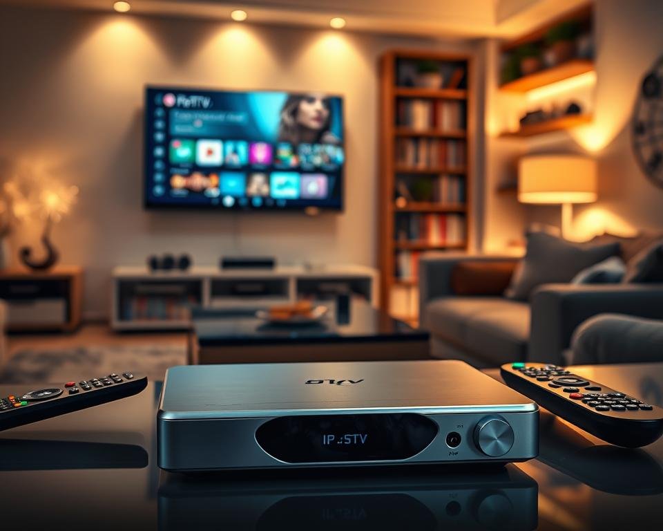 A sleek, modern representation of the "Paquete Platino IPTV Premium." In the foreground, a stylish IPTV set-top box with a shiny metallic finish, surrounded by remote controls and a vibrant display showing a variety of channels. In the middle ground, a cozy living room setting featuring a high-definition TV mounted on the wall, casting a soft glow that enhances the ambiance. The background reveals a bookshelf filled with entertainment options, like DVDs and games. The lighting is warm and inviting, reminiscent of a relaxing evening in with family. Capture the essence of top-tier performance and content variety in a sharp, high-resolution image, with a focus on clarity and detail, evoking excitement for premium entertainment options.