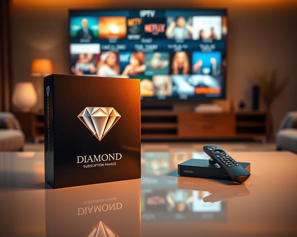 A striking image of a "Diamond Subscription Package" for an IPTV service, featuring an elegantly designed package box in the foreground, with a shiny diamond logo prominently displayed. The box is surrounded by a gleaming, reflective surface to enhance its luxurious appeal. In the middle ground, soft-focus streaming device and remote control are placed, suggesting modern technology and convenience. The background displays a cozy living room setting with a large TV screen showcasing various colorful channels, creating an inviting atmosphere. Warm, diffuse lighting illuminates the scene, adding a welcoming touch. The composition suggests a premium, long-term subscription experience, conveying value and quality without any text or branding overlays.