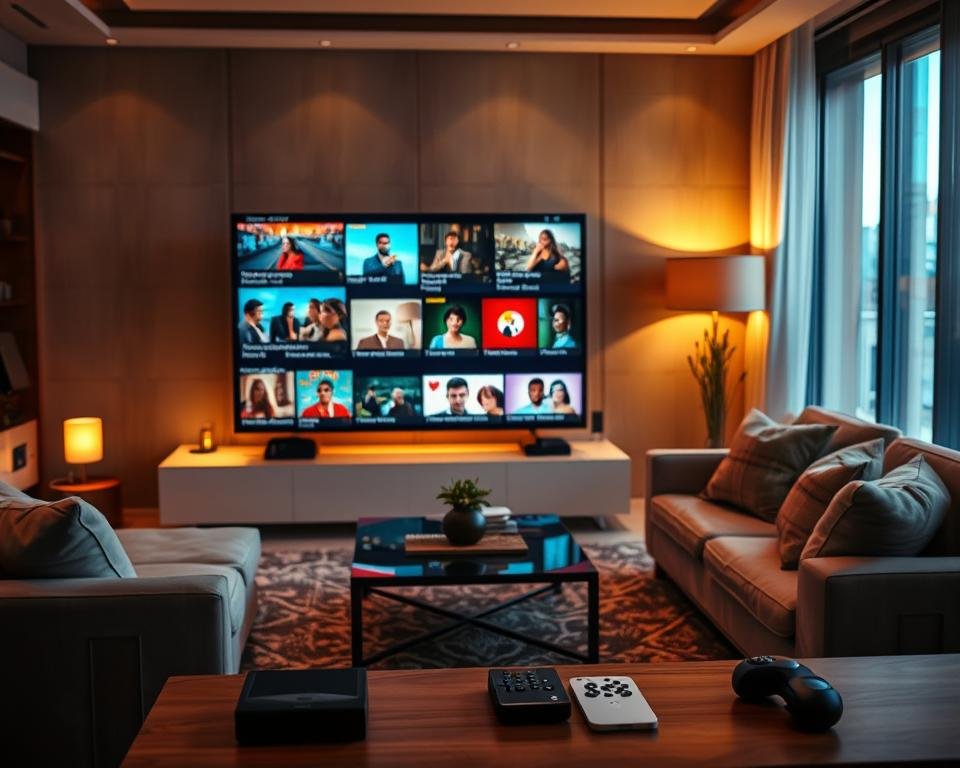 A stunning, high-resolution image that encapsulates the concept of premium transmission quality in an IPTV setting. In the foreground, a sleek, modern television displaying vivid, crystal-clear images of diverse Spanish channels, showcasing the vibrant colors and details of culture. In the middle ground, a sophisticated living room environment with plush furniture, soft ambient lighting, and a stylish coffee table with tech gadgets and remote controls. The background features a warm, inviting atmosphere with a subtle glow emanating from decorative lamps. The perspective is slightly angled, emphasizing the television as the focal point while capturing the essence of comfort and modern living. Aim for a mood that conveys innovation, elegance, and superior viewing experience.
