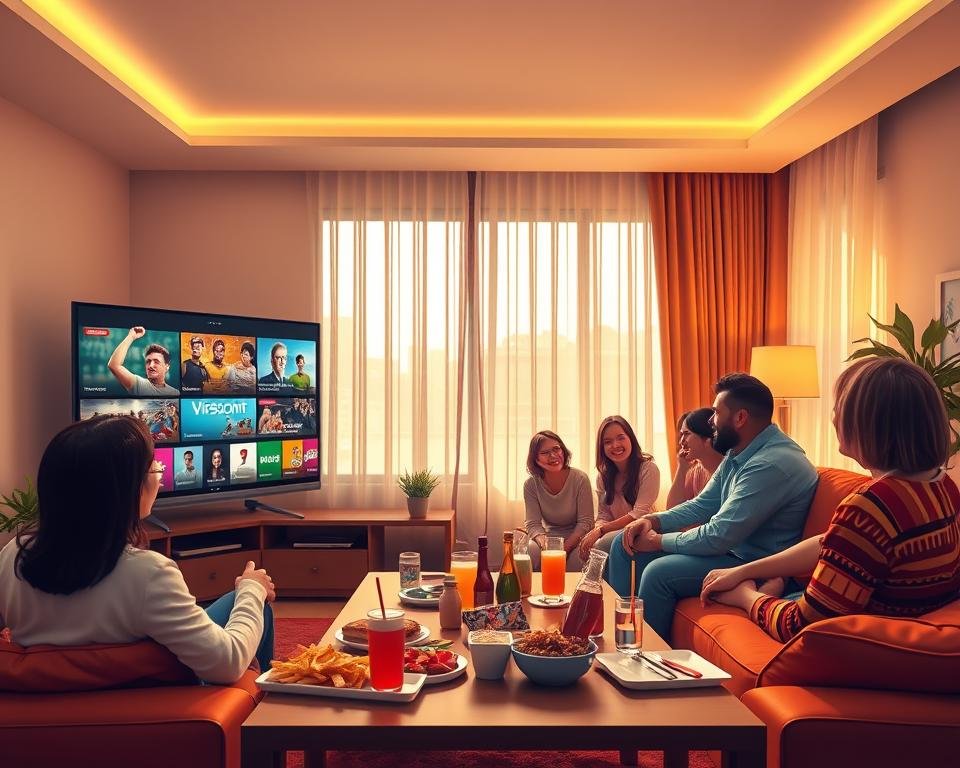 A vibrant and engaging illustration showcasing the benefits of choosing an affordable IPTV service in Spain. In the foreground, a sleek, modern living room with a large flat-screen TV displaying a colorful variety of channels, including sports, movies, and documentaries. A happy family, dressed in comfortable yet tidy casual clothing, enjoys watching together, exuding joy and excitement. In the middle ground, a table with an array of snacks and drinks, enhancing the casual viewing atmosphere. The background features warm, inviting lighting that creates a cozy ambiance, with soft sunlight filtering through curtains. The perspective is from a slightly elevated angle, capturing the full experience of IPTV entertainment, emphasizing family bonding and enjoyment. The overall mood is cheerful and relaxed.