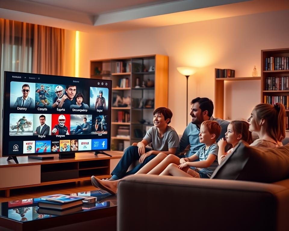 A vibrant and engaging scene illustrating various types of online television content. In the foreground, a sleek modern living room setup features a widescreen smart TV displaying a collage of genres: drama, comedy, sports, and documentaries. In the middle, a family of four—two adults in professional casual attire and two children—are comfortably seated on a stylish sofa, engrossed in the TV. The adults are smiling, indicating enjoyment, while the children are animatedly discussing their favorite shows. In the background, a cozy bookshelf filled with DVDs and books, along with soft ambient lighting that creates a warm and inviting atmosphere. The view is slightly angled to capture both the excitement on the faces and the vivid content on the television screen, evoking a sense of family bonding and entertainment. The overall mood is cheerful and engaging. A vibrant and engaging scene illustrating various types of online television content. In the foreground, a sleek modern living room setup features a widescreen smart TV displaying a collage of genres: drama, comedy, sports, and documentaries. In the middle, a family of four—two adults in professional casual attire and two children—are comfortably seated on a stylish sofa, engrossed in the TV. The adults are smiling, indicating enjoyment, while the children are animatedly discussing their favorite shows. In the background, a cozy bookshelf filled with DVDs and books, along with soft ambient lighting that creates a warm and inviting atmosphere. The view is slightly angled to capture both the excitement on the faces and the vivid content on the television screen, evoking a sense of family bonding and entertainment. The overall mood is cheerful and engaging.