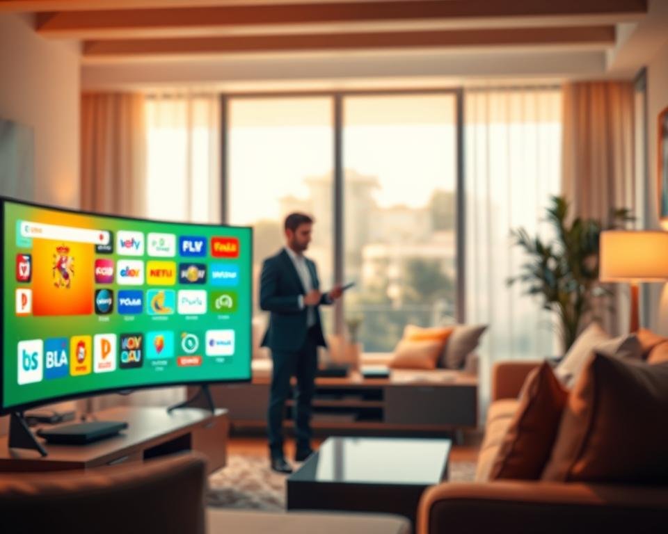 A vibrant and informative illustration depicting the concept of accessing IPTV channels in Spain. In the foreground, portray a modern living room with a sleek smart TV displaying a digital interface of IPTV channels, showing a variety of colorful Spanish channel logos. In the middle ground, include a person in professional business attire interacting with a remote control, showcasing engagement and curiosity. The background features a cozy home atmosphere with warm lighting to create an inviting and friendly mood. Use soft focus to emphasize the foreground elements, while the overall color palette should be bright and lively, reflecting the dynamic nature of digital access to entertainment content. The scene is well-lit, creating a welcoming atmosphere that resonates with the theme of technology and accessibility.