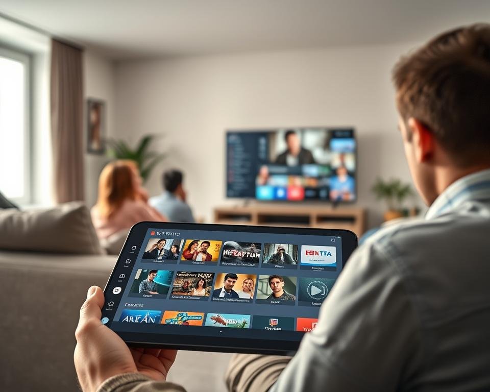 A visually appealing representation of various IPTV subscription plans in Spain. In the foreground, illustrate a sleek modern tablet displaying a user-friendly IPTV interface showcasing diverse channel options. In the middle ground, include a stylish living room setting, with comfortable furniture where a family is gathered, attentively watching a large flat-screen TV. The background features a bright window with natural sunlight pouring in, creating a warm and inviting atmosphere. Utilize soft, diffused lighting to enhance the cozy vibe of the space. Capture a dynamic angle that emphasizes the tablet and the engaging TV screen, inviting viewers into the world of affordable entertainment options.