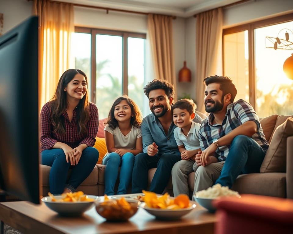 A visually engaging scene depicting a family enjoying the "Paquete Oro" IPTV subscription together in a cozy living room setting. The foreground features a diverse family of four — a mother, father, and two children — gathered around a sleek modern TV, all smiling and laughing. The middle ground showcases a stylish, softly lit living room with comfortable furnishings, colorful cushions, and a coffee table filled with snacks. In the background, a large window allows warm sunlight to filter in, creating an inviting atmosphere. Use an eye-level angle to emphasize the family interaction, with a focus on their joyful expressions. The lighting should be warm and welcoming, enhancing the feeling of togetherness and family bonding while enjoying entertainment.