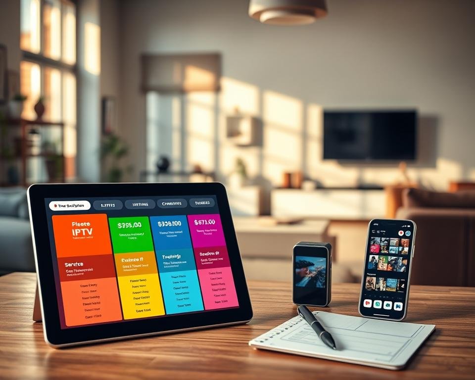 A visually engaging scene depicting various subscription plans for television and internet services in a modern context. In the foreground, feature a sleek tablet showcasing a colorful interface with different IPTV subscription options and pricing tiers. The middle ground contains a professional-looking desk with office items like a laptop, notepad, and a smartphone displaying streaming services. In the background, a bright, open living room setting with a large television on the wall, subtly illuminated by warm natural light streaming through a window. The atmosphere should feel inviting and tech-savvy, emphasizing competitive pricing and modern connectivity, with a clean, organized layout reflecting professionalism. A visually engaging scene depicting various subscription plans for television and internet services in a modern context. In the foreground, feature a sleek tablet showcasing a colorful interface with different IPTV subscription options and pricing tiers. The middle ground contains a professional-looking desk with office items like a laptop, notepad, and a smartphone displaying streaming services. In the background, a bright, open living room setting with a large television on the wall, subtly illuminated by warm natural light streaming through a window. The atmosphere should feel inviting and tech-savvy, emphasizing competitive pricing and modern connectivity, with a clean, organized layout reflecting professionalism.