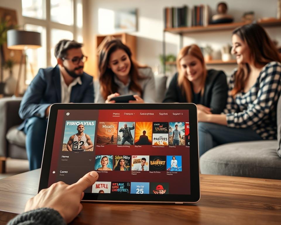 A visually engaging scene illustrating the concept of "free trial service" in the context of IPTV streaming in Spain. In the foreground, depict a sleek modern tablet showcasing a vibrant streaming interface with various genre options, such as movies and sports. In the middle ground, feature a relaxed living room setting with a comfortable sofa and a stylish coffee table, where a diverse group of three people—two adults in professional casual clothing and a teenager—are intently watching the tablet. The background includes shelves with books and modern decor, creating a cozy atmosphere. Warm, natural lighting filters through a nearby window, enhancing the inviting mood. The overall composition conveys a sense of discovery and enjoyment, resonating with the theme of exploring streaming services without commitment.