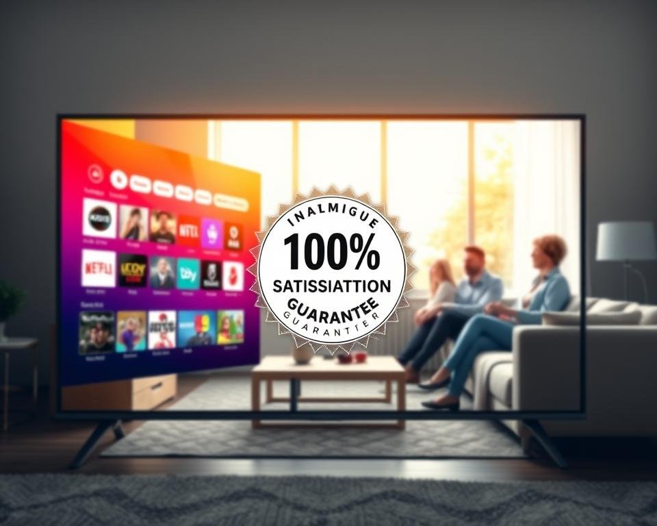 A visually striking and modern representation of a television service guarantee. In the foreground, a sleek modern TV displaying a vibrant interface, filled with streaming service icons and a prominent "100% Satisfaction Guarantee" badge. The middle layer shows a comfortable living room with stylish furniture and a family gathered around, engaged in watching their favorite shows, all dressed in smart casual clothing to convey a cozy yet professional atmosphere. In the background, a bright window reveals a sunny day, enhancing the sense of warmth and satisfaction. Utilize soft, diffused lighting to create an inviting ambiance, with a focus on clarity and vibrant colors that evoke feelings of trust and reliability in the service being offered. A visually striking and modern representation of a television service guarantee. In the foreground, a sleek modern TV displaying a vibrant interface, filled with streaming service icons and a prominent "100% Satisfaction Guarantee" badge. The middle layer shows a comfortable living room with stylish furniture and a family gathered around, engaged in watching their favorite shows, all dressed in smart casual clothing to convey a cozy yet professional atmosphere. In the background, a bright window reveals a sunny day, enhancing the sense of warmth and satisfaction. Utilize soft, diffused lighting to create an inviting ambiance, with a focus on clarity and vibrant colors that evoke feelings of trust and reliability in the service being offered.