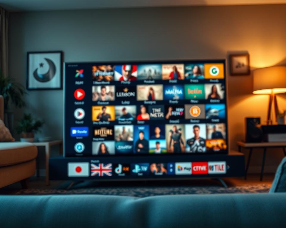 A visually stunning and dynamic image representing an exclusive international streaming content catalog. In the foreground, vibrant icons of popular television channels and platforms, such as logos and symbols, elegantly arranged in a grid layout. The middle ground features a sleek, modern device like a smart TV or tablet displaying a colorful interface showcasing diverse video thumbnails from various genres (drama, sports, documentaries). The background consists of a cozy living room setting with soft, ambient lighting that creates a warm and inviting atmosphere. The overall mood is engaging and informative, appealing to viewers' curiosity. The scene is shot at a slight angle to convey depth, with a focus on clarity and detail, ensuring all elements are easily recognizable.